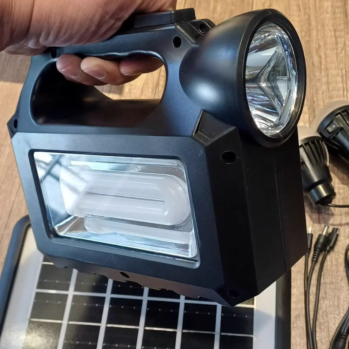 Solar lantern with torch, solar panel and three bulbs