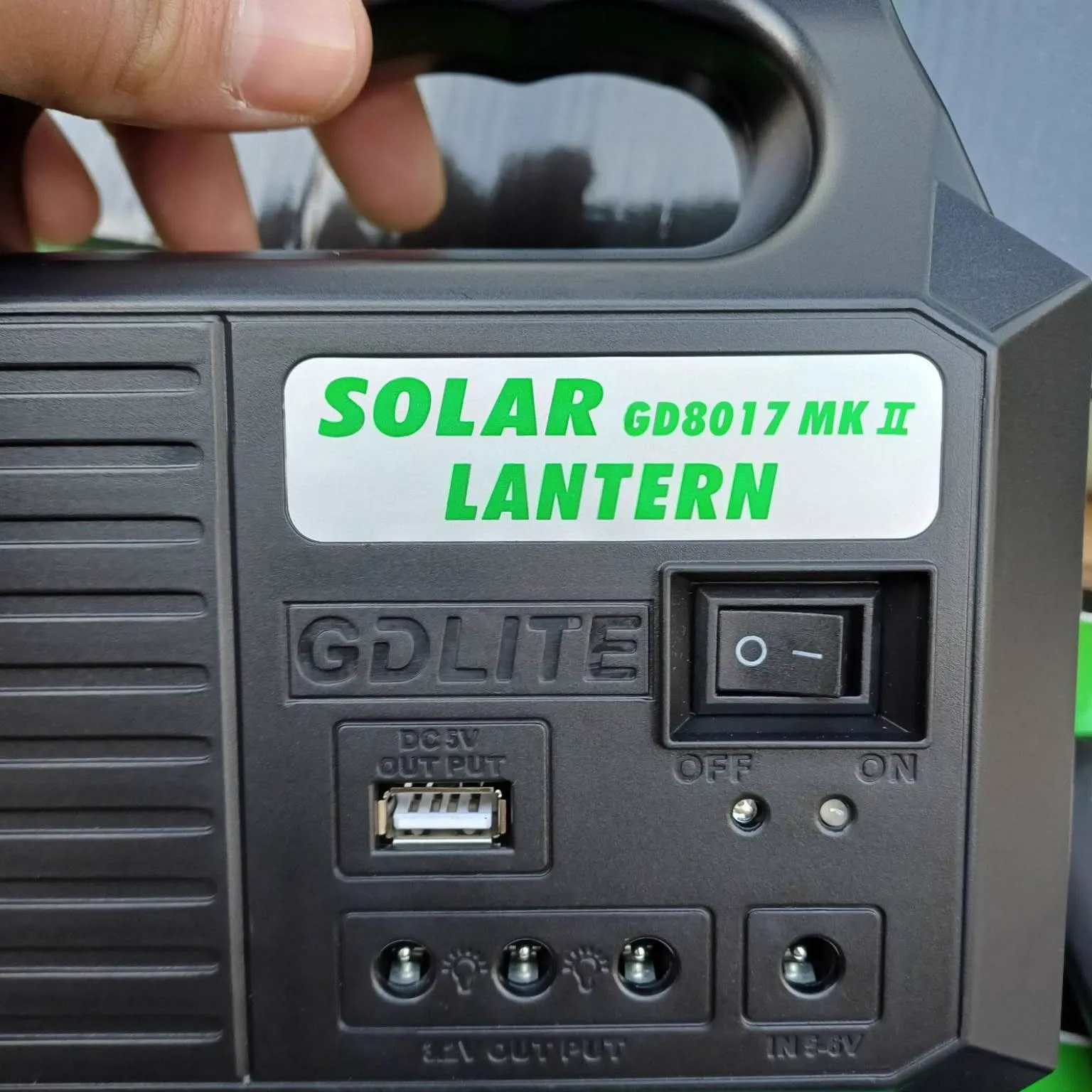 Front of the GD8017 MK II lantern with switch and USB port